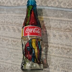 Coca Cola Glass Art Bottle with Red and Blue Accents